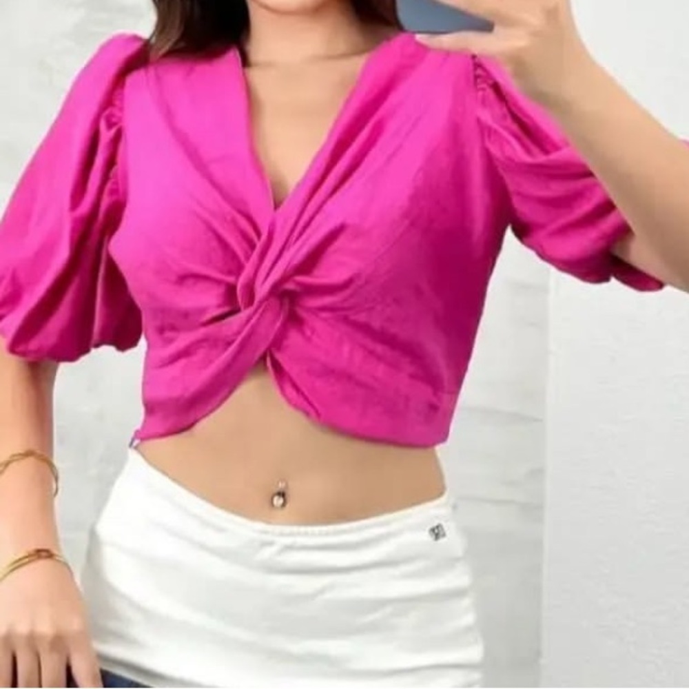 Jason Wu Womens Pink Cropped Puffed Sleeve Cotton Blend Top Size Small. NWOT